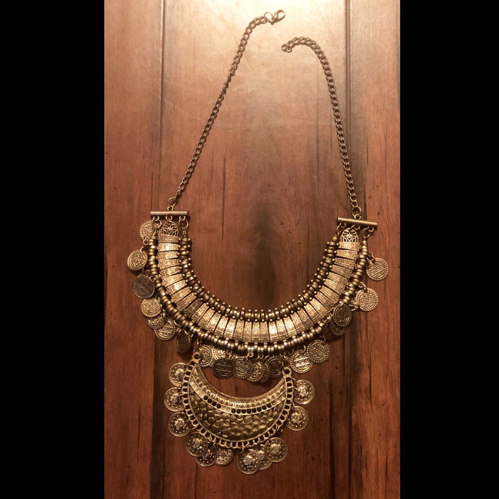 antique silver boho coin necklace